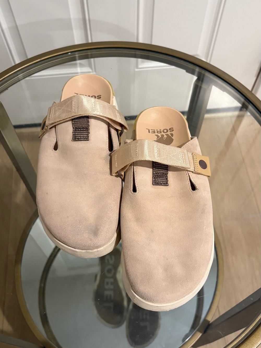 Sorel Beige Suede Slip-On Clogs with Adjustable Strap